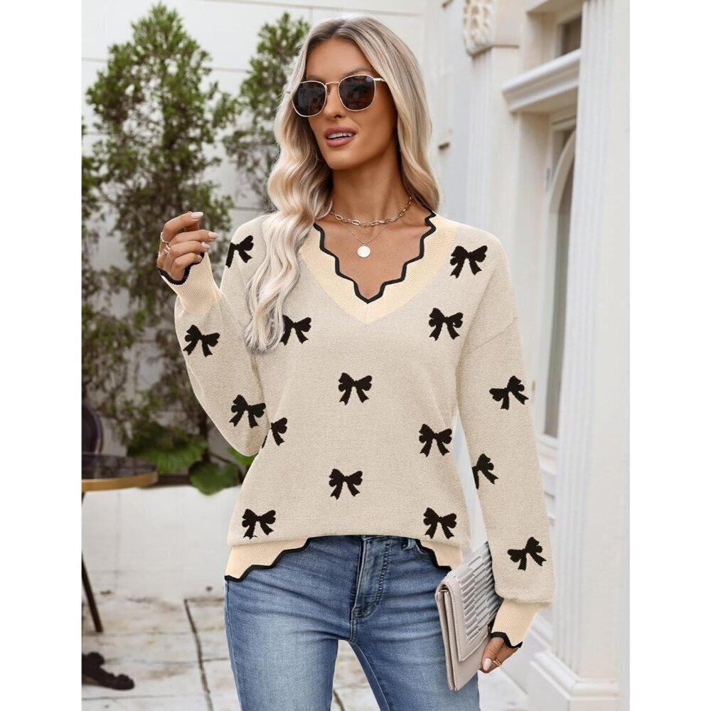 Women’s V Neck Sweater 2025 Fall Long Sleeve Ribbed Knit Casual Pullover Tops - Picture 3 of 6